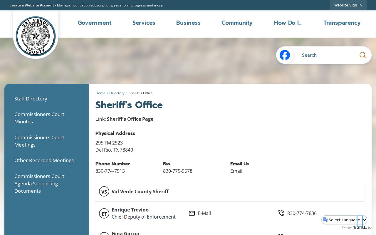Val Verde County arrest records Sheriff staff directory