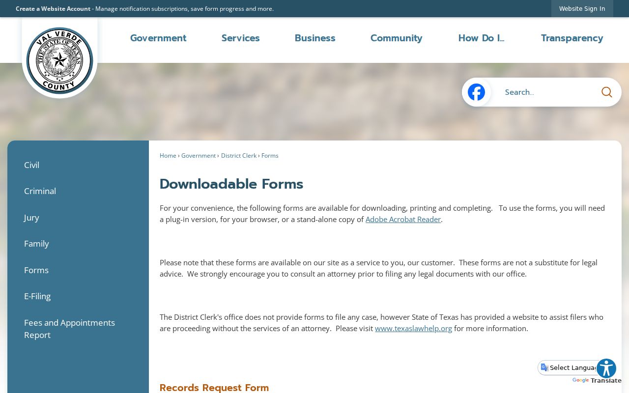 Val Verde County criminal court case records request forms
